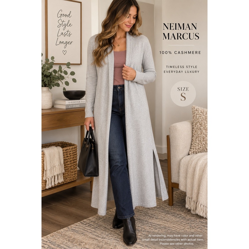 Neiman Marcus 100% Cashmere Duster Cardigan Small Gray Longline Open Front